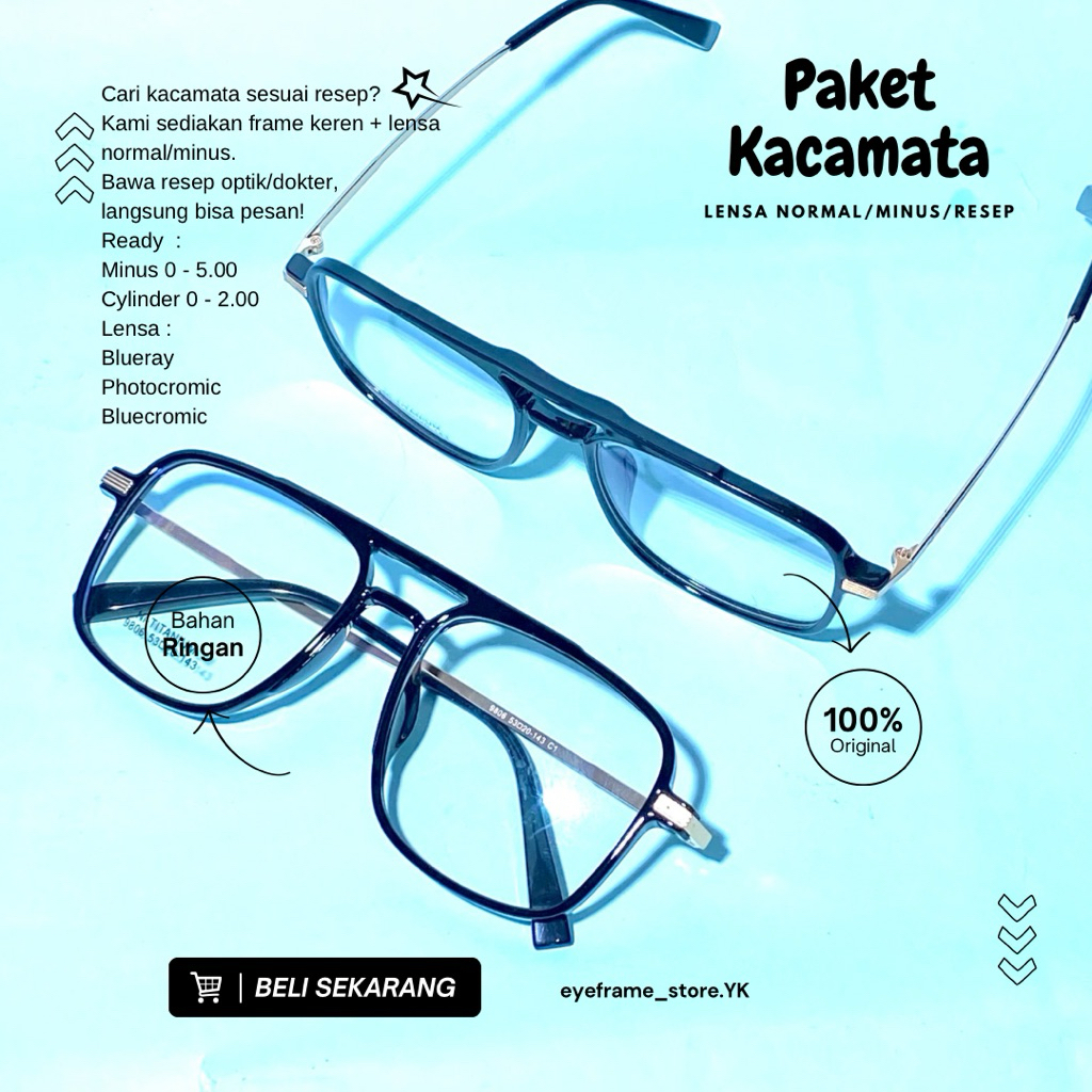 Frame Kacamata Pilot Double Bridge | Custom Lensa Minus Blueray Photocromic Bluecromic Anti Radiasi