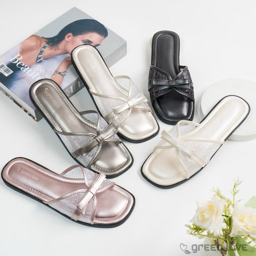 GREENLOVE - IR.21 - Sandal Flat Wanita Bahan Brokat x Pita Lucu - Sandal Teplek Wanita