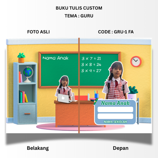 

BUKU TULIS CUSTOM - TEMA GURU - STANDART UKURAN SIDU 160X210 - BISA PAKAI FOTO ANAK ASLI ATAU UBAH KE KARTUN