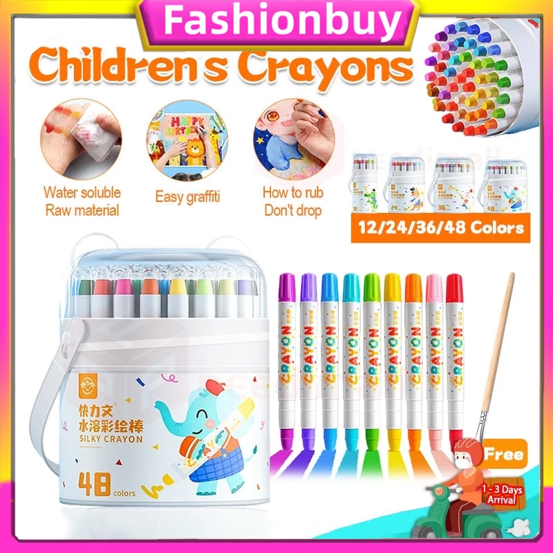 

【COD】Washable Silky Crayon24 36 48 Warna Colorful Bucket Krayon Mewarnai Alat Warna Set Anak Wipe and Clean