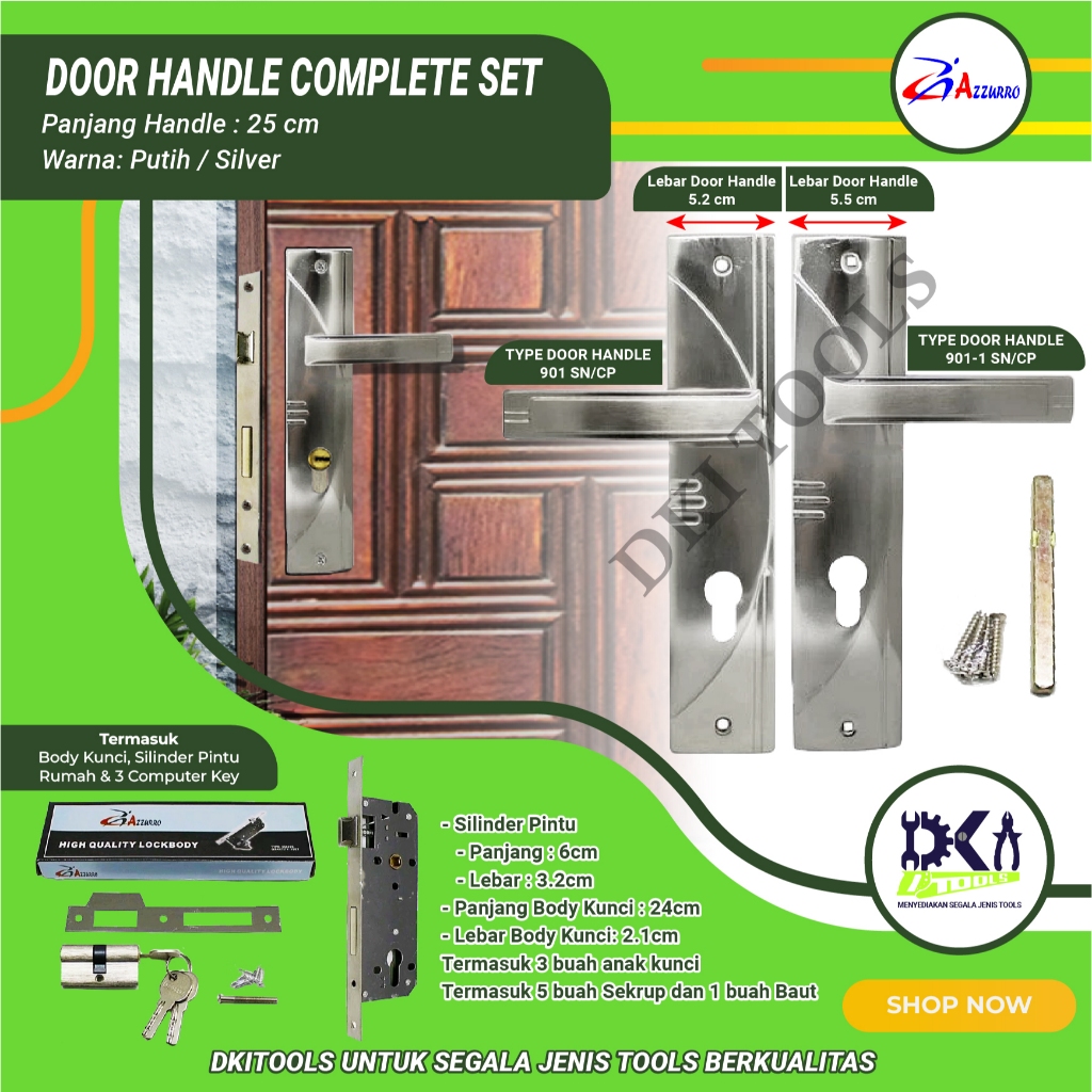 AZZURRO Door Handle Gagang Kunci Pintu Plat Rumah Besar Set 25cm Komplit 901 Silver