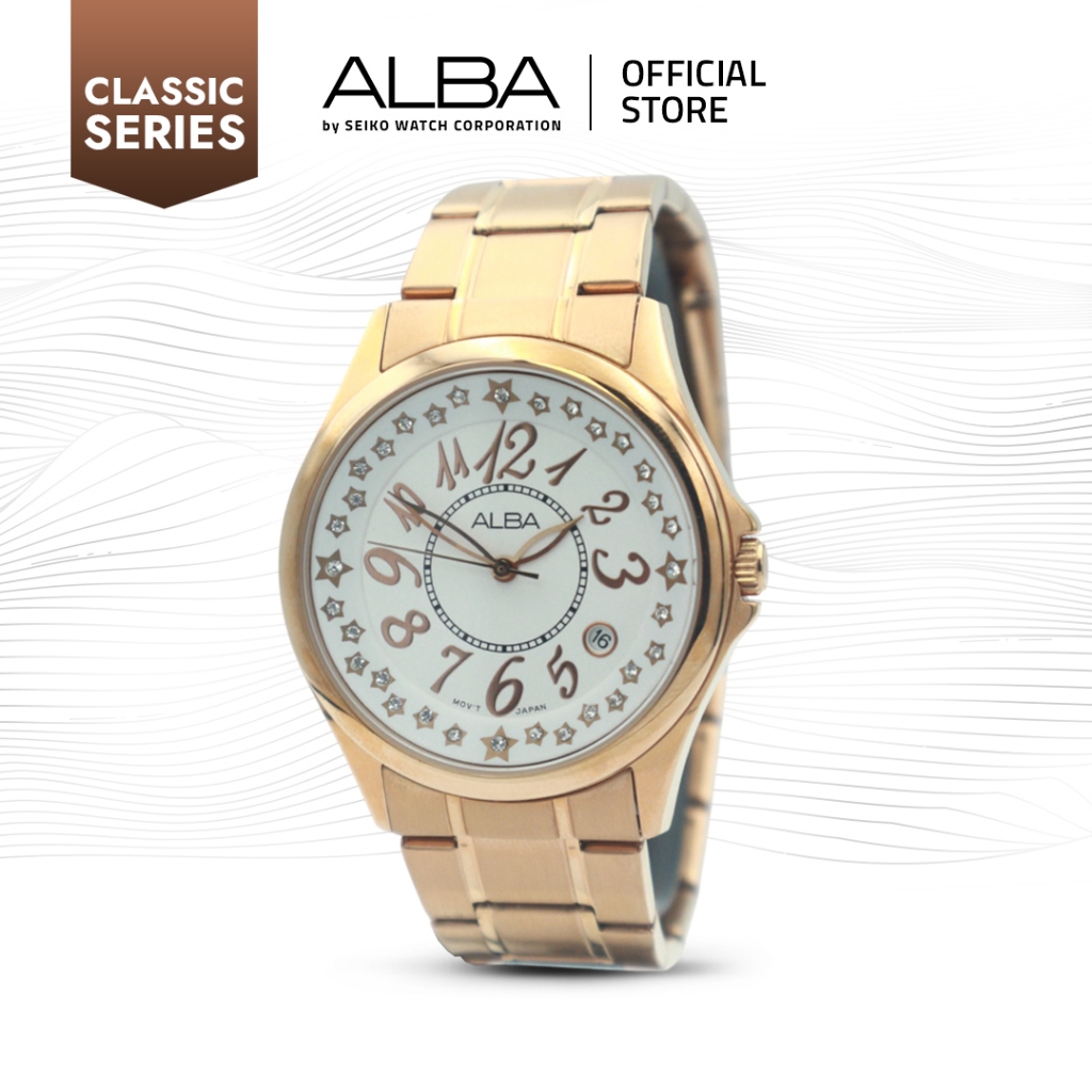 Alba Classic Jam Tangan Vintage Wanita AG8218 / AG8218X1 Quartz White Dial Gold Stainless Steel Stra