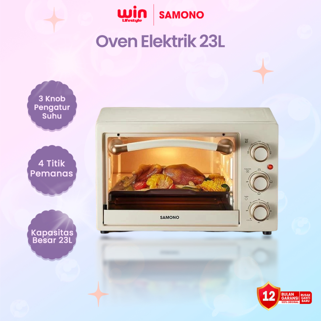 SAMONO Oven Listrik Low Watt Toaster Elektrik 23 Liter 3 Knob Kontrol dengan 4 Tingkat Pemanas Api A
