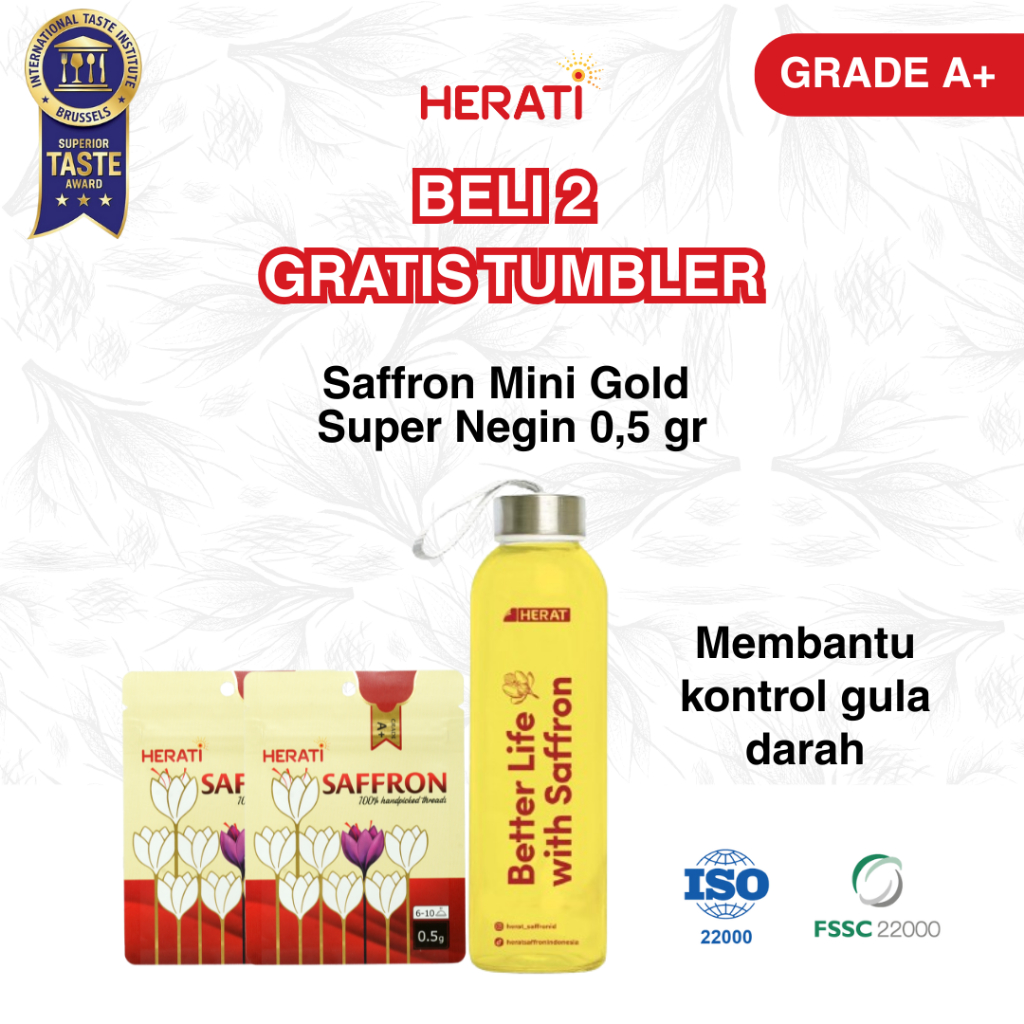 

GRATIS Tumbler Beli 2 Herati Saffron Super Negin Mini Gold 0,5 gr Bunga Safron Grade A+ Premium Asli 100% Original