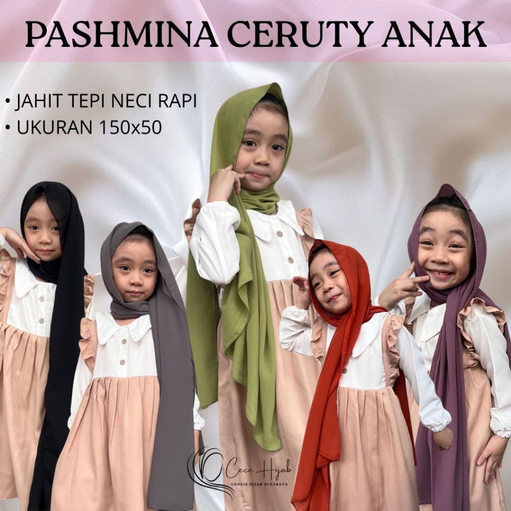 Pashmina Ceruty Anak 150x50/Hijab Anak Pashmina Bahan Babydoll Usia 3-10 Tahun/Kerudung Anak
