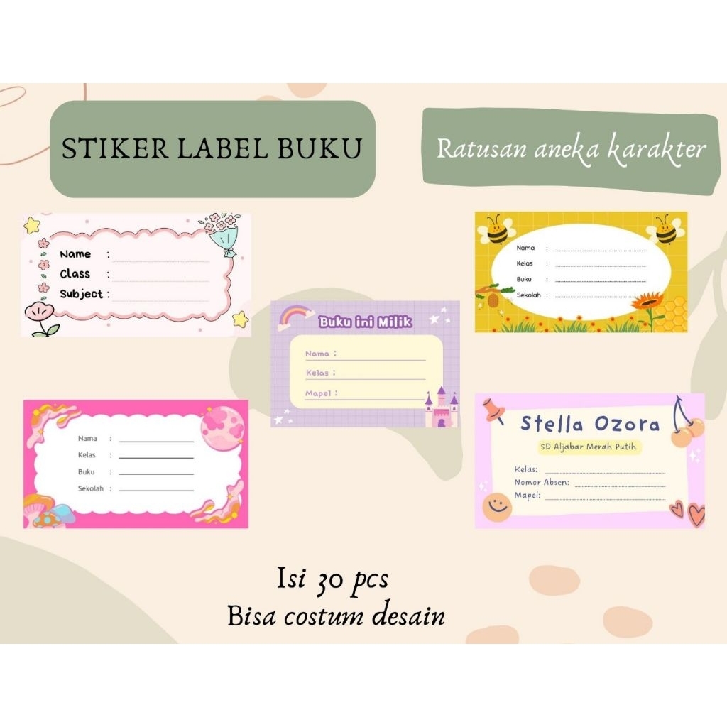 

isi 30 pcs stiker label nama buku custom/mata pelajaran