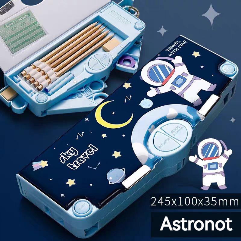 

(READY&ORI) Astronot Kotak pensil multifungsi Kotak pensil otomatis pemanggilan satu sentuhan Kotak pensil tahan air dua lapis berkapasitas besar