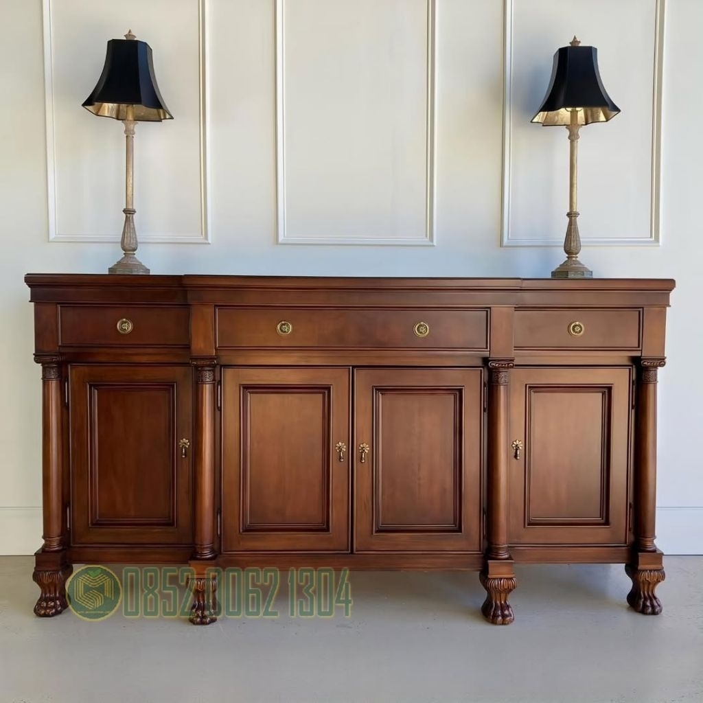 Buffet Sideboard Klasik Mewah Kayu Jati - Meja Bufet 4 Pintu dan 3 Laci Minimalis Elegan - Luxury Cl