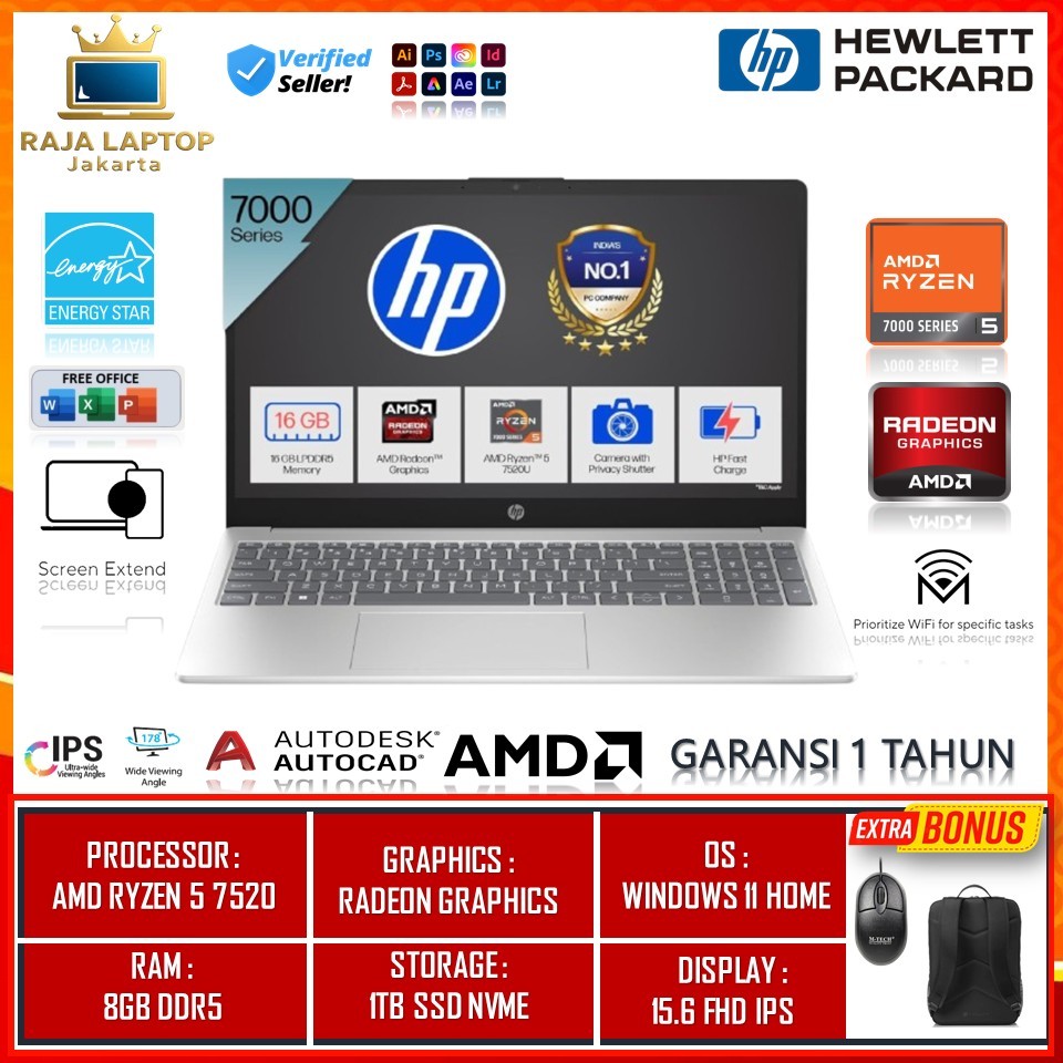 Laptop Baru slim HP 15 Amd Ryzen 5 7520 Ram 8GB DDR5 SSD 1TB 15.6 Fhd Ips Win11home