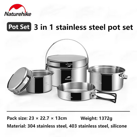 COOKING SET 3IN1 STAINLESS STEEL NATUREHIKE NH22CJ005  PANCI MASAK CAMPING