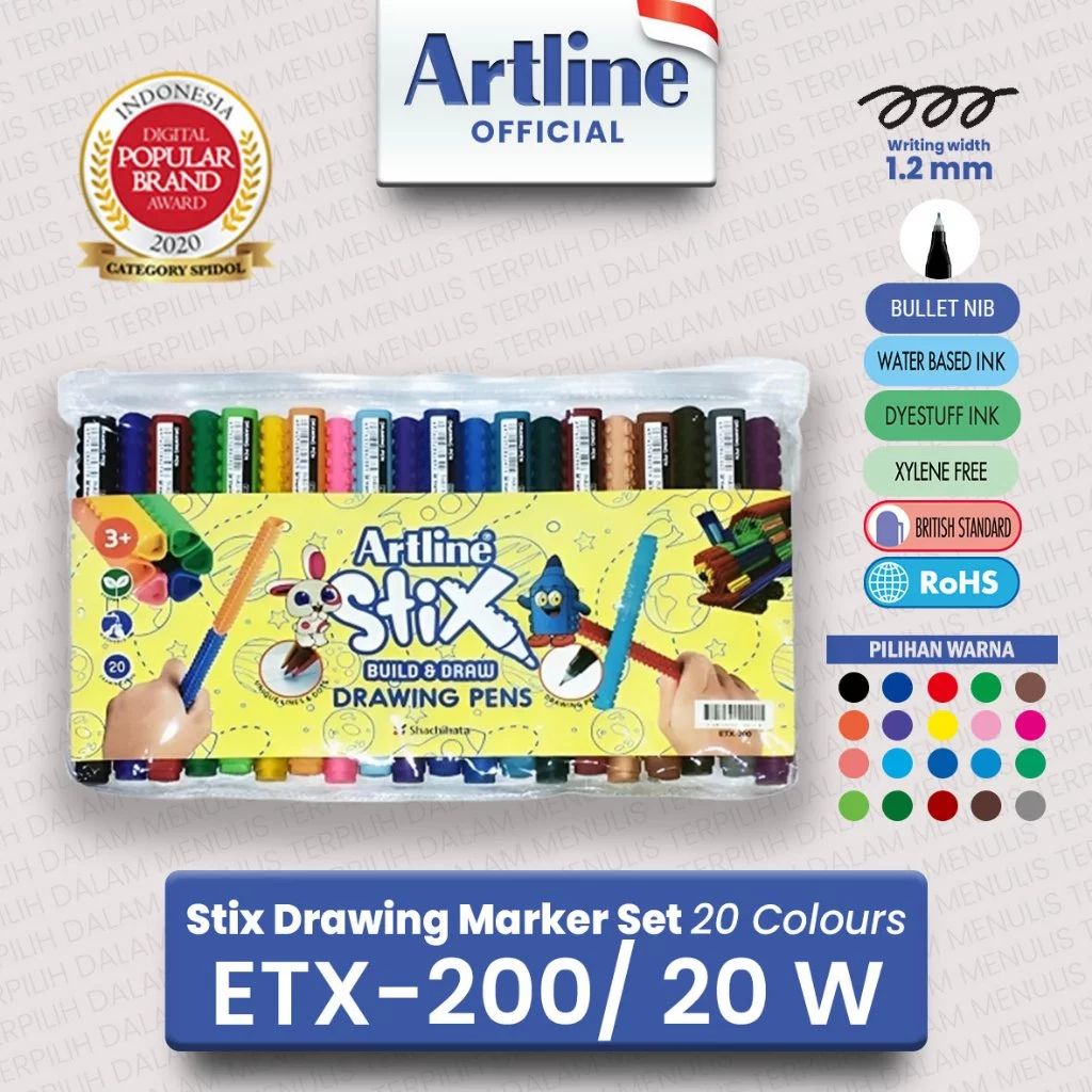 

(LIVE) ARTLINE STIX Spidol Drawing Pen Pulpen Gambar Tulis Set 20 Warna ETX-200/20W