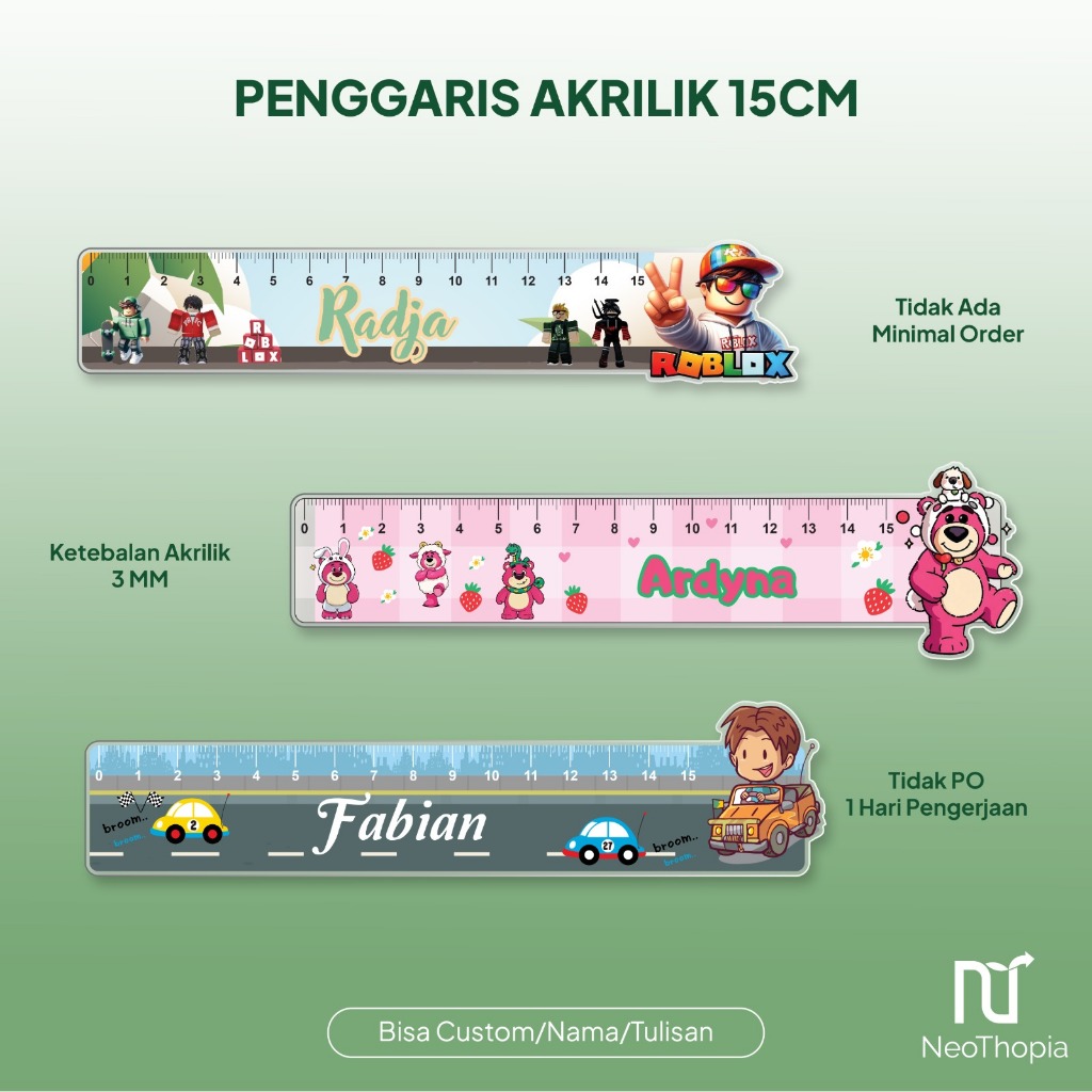

Penggaris Akrilik Custom Nama / Penggaris 15cm Akrilik Karakter Cetak Uv Print / Souvenir Kado Sekolah