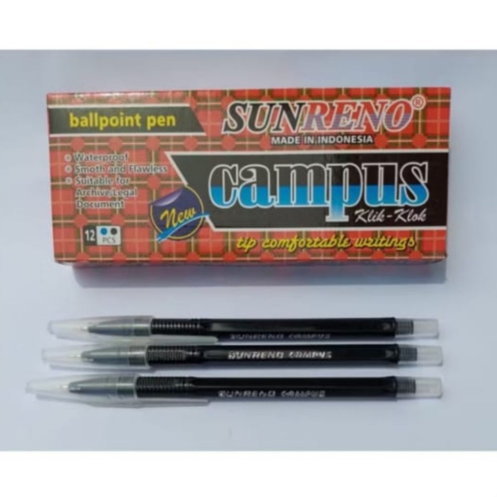 

Ballpoint Pen, Pulpen, Bolpen SUNRENO CAMPUS klik-klok, 1 dus (12pcs) made in Indonesia. Tersedia warna Tinta Hitam