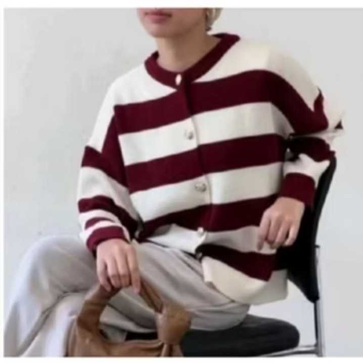 Alice Stripes Knit Cardy - Atasan Wanita Bahan Rajut Tebal Premium - Kardigan Outer Rajut Kancing