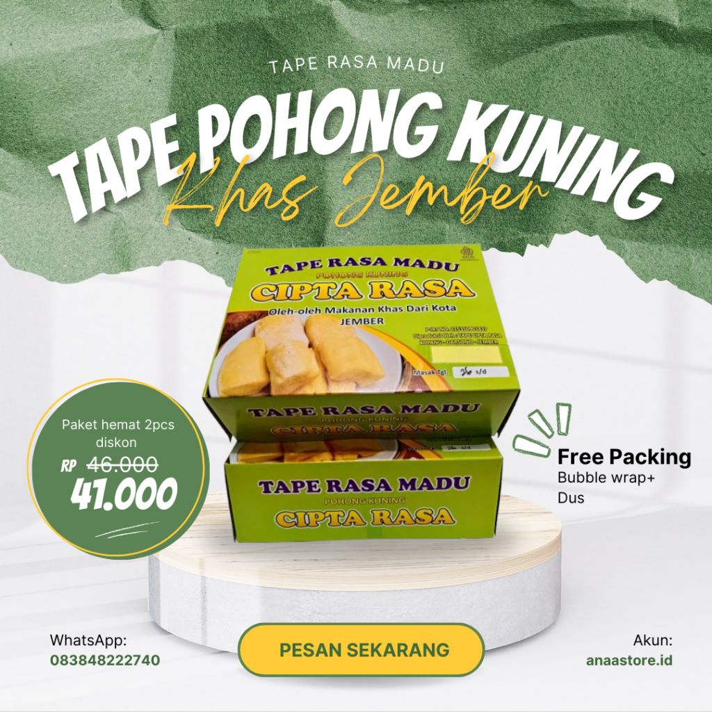 

PROMO PAKET HEMAT Isi 2 Tape Singkong Kuning Rasa Madu – Tape Pohong Cipta Rasa