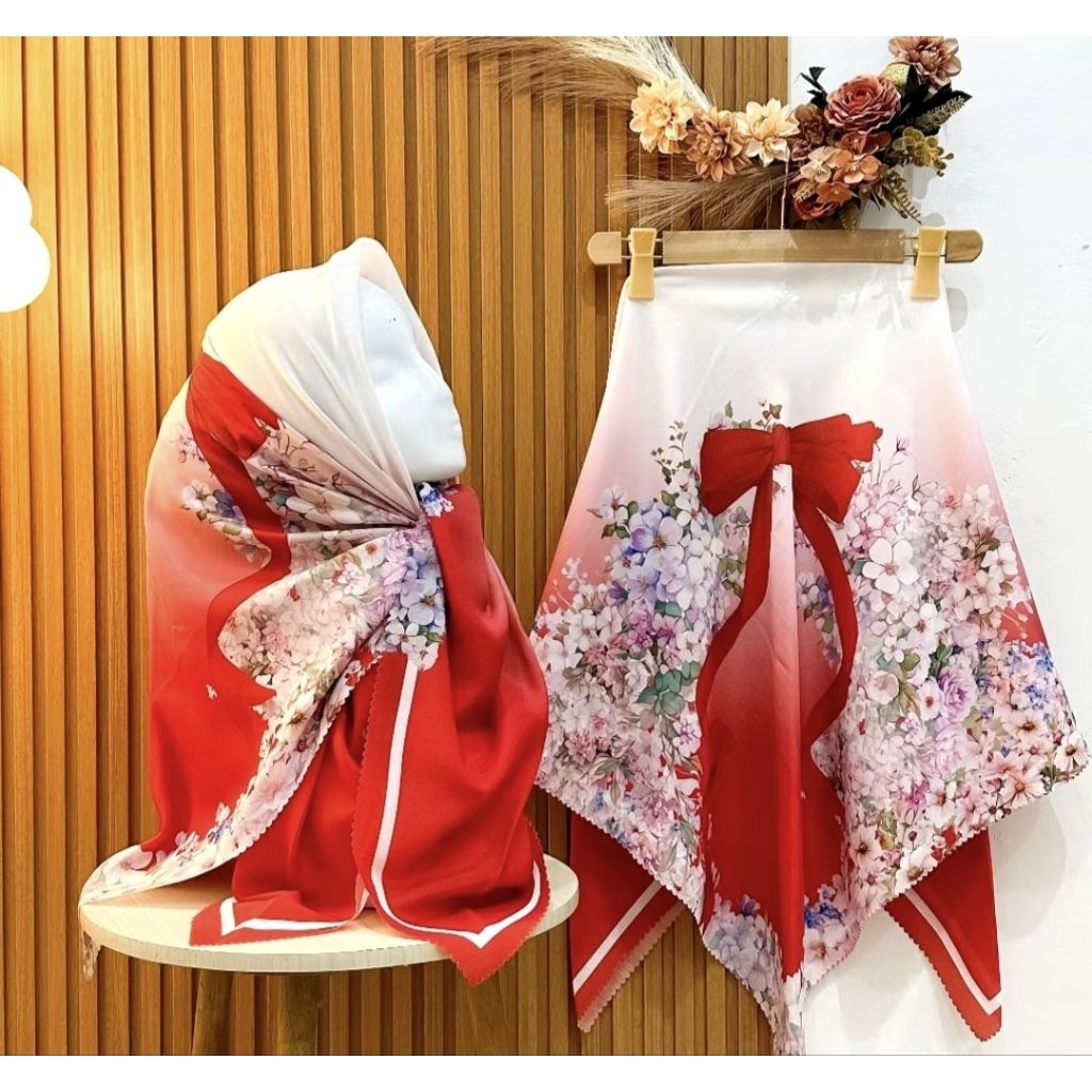HIJAB SEGI EMPAT VOAL MOTIF PITA MERAH BUNGA PUTIH