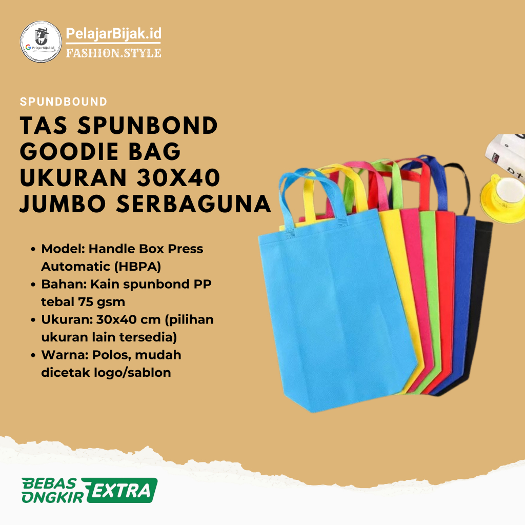 

Tas Spunbond Goodie Bag Ukuran 30x40 – Tebal 75gsm Premium, Bisa Lipat & Cetak Logo