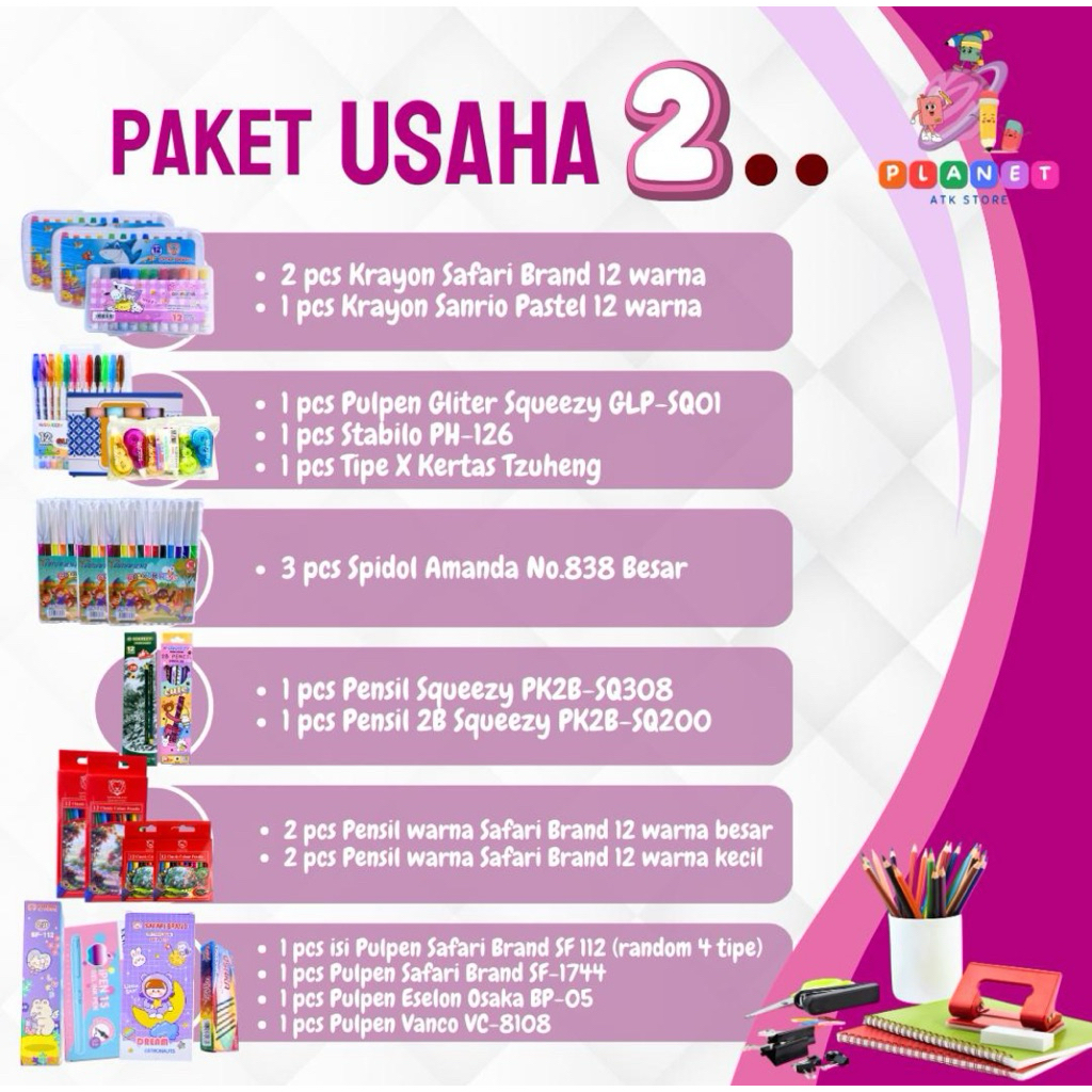 

PAKET USAHA ATK 2 (krayon 3, pen geliter 1, stabilo 1, tipex kertas 1, spidol warna 3, pensil 2, pensil warna 4, pulpen 3, isi pulpen 1