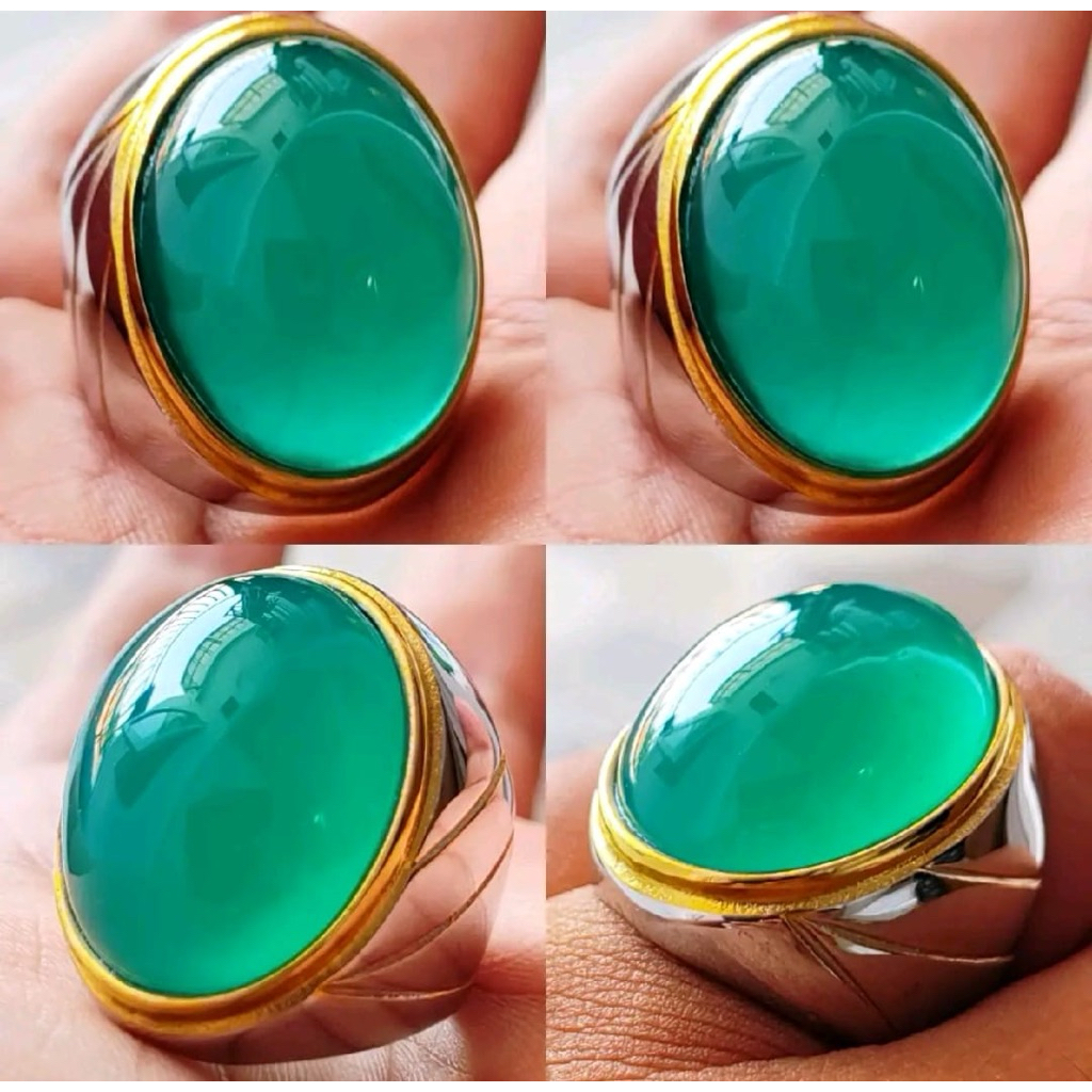 Cincin Batu Akik Asli Natural Bacan Doko Full Hijau Tembus Kristal Jumbo Hq