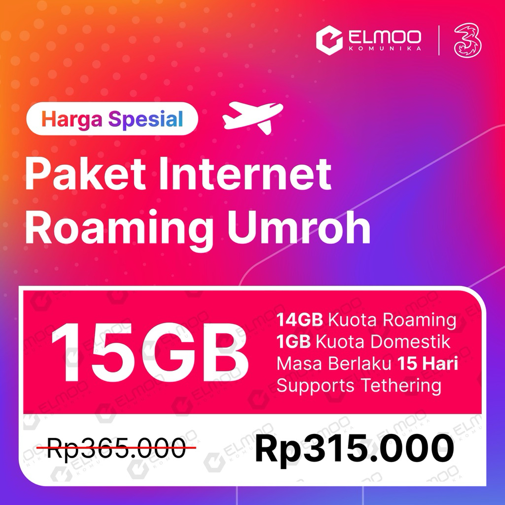 Paket Internet Roaming Umroh 3 (Tri) Kuota 15GB Masa Aktif 12 Hari