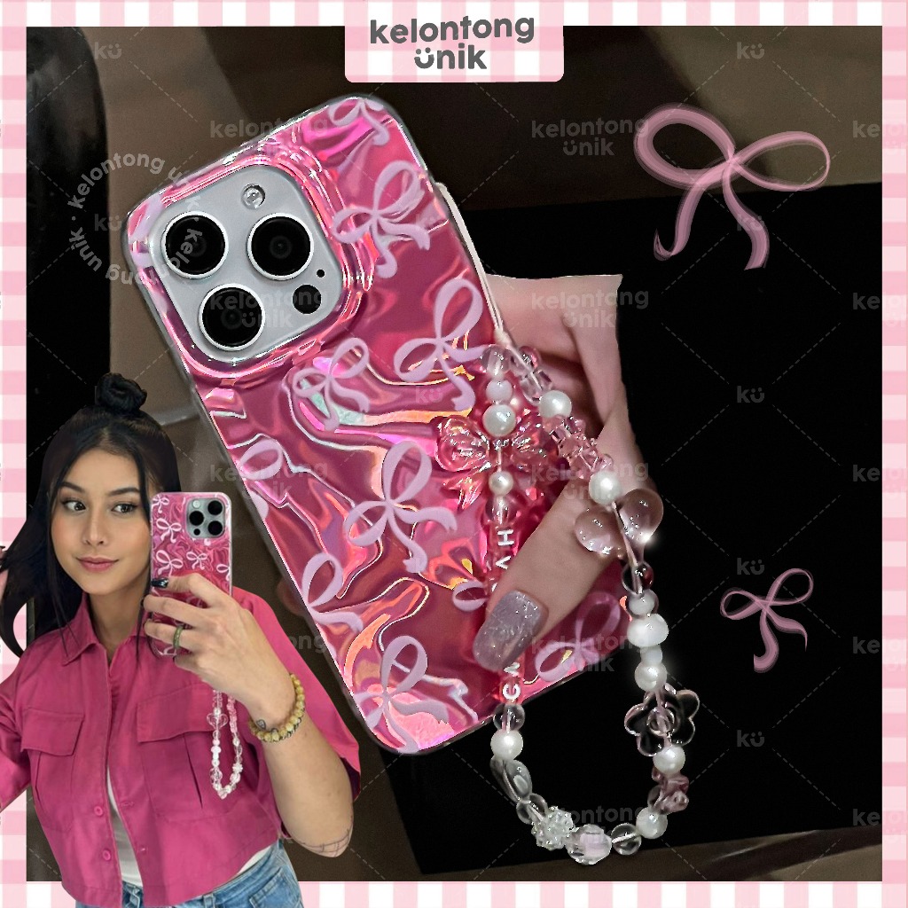 KELONTONG UNIK | Pink Coquette Ribbon Holographic Case - Hardcase/ Casing HP for iPhone X XS XR XSMA