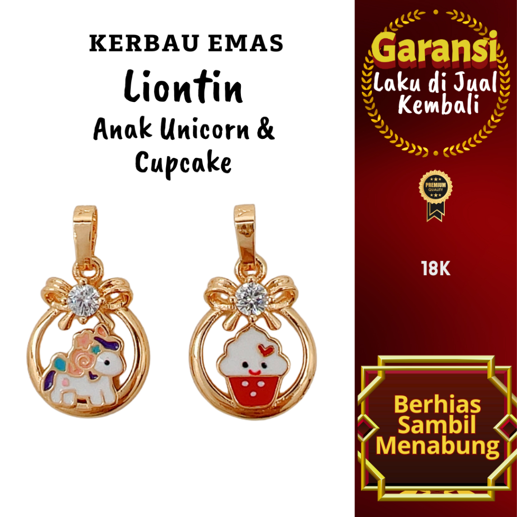 L 1031 Kerbau Emas Liontin Anak Unicorn & Cupcake Warna 18K