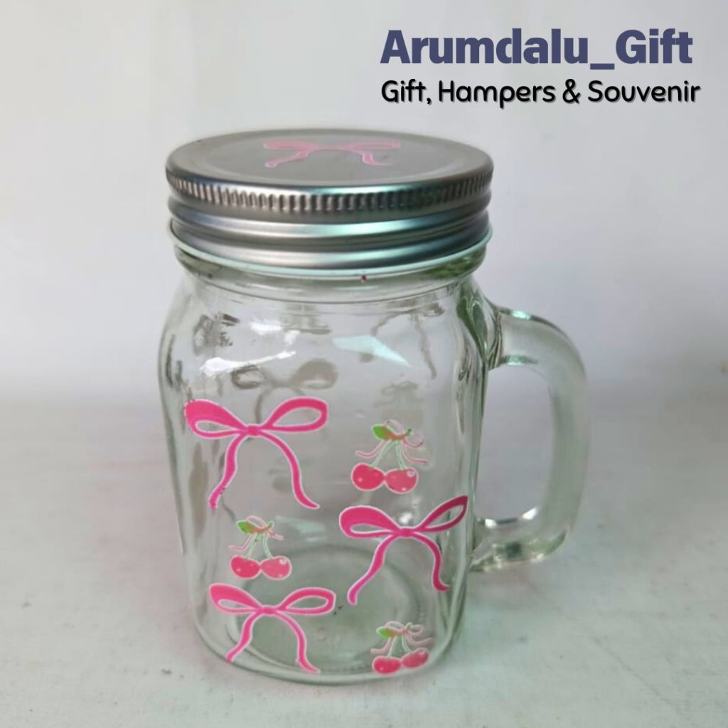 Mug Jar Kaca Estetik Custom Ada Gagang dan  Tutup Stainless