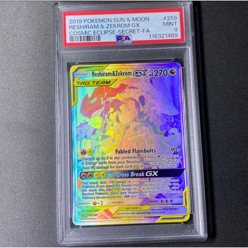 PSA 9 Reshiram & Zekrom GX EN Sun & Moon Cosmic Eclipse HR Secret FA Kartu Pokemon TCG English