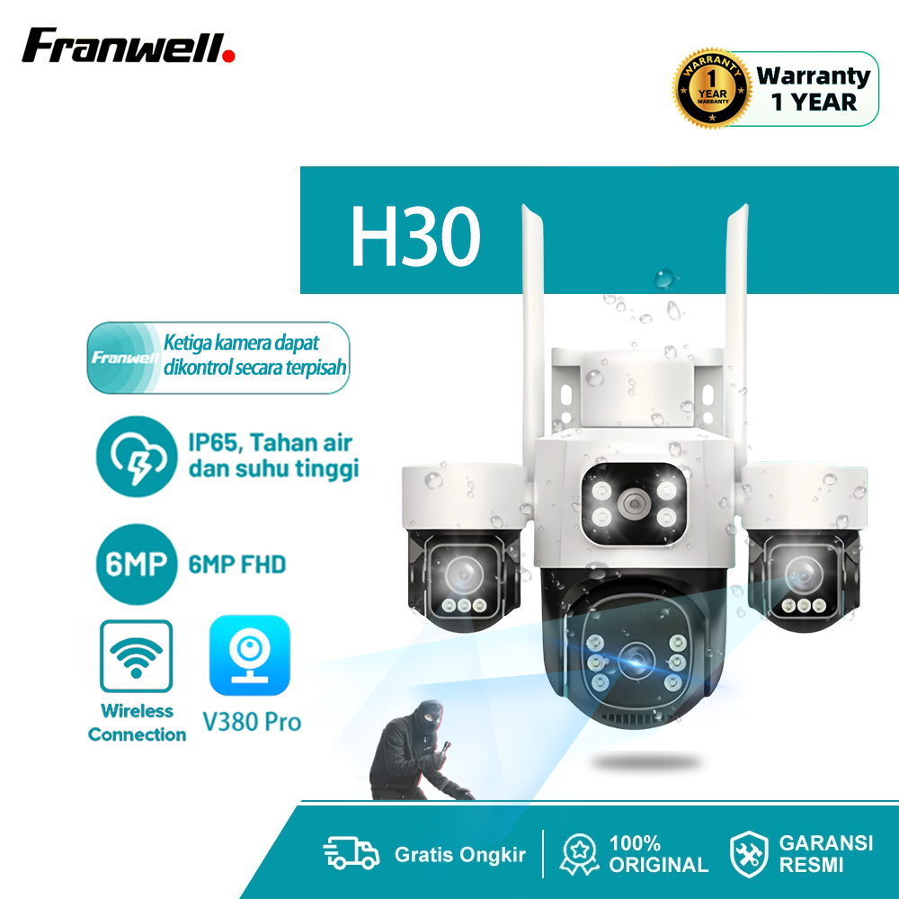 Franwell V380 Pro H30 CCTV Outdoor Wifi 8MP Kamera 3 Lensa Jarak Jauh Waterproof Pantau Lewat HP