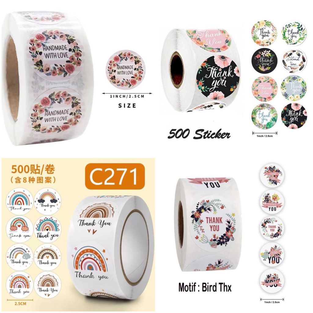 

READY 1 ROLL STICKER THANKYOU MOTIF RANDOM ISI 500 STICKER MURAH