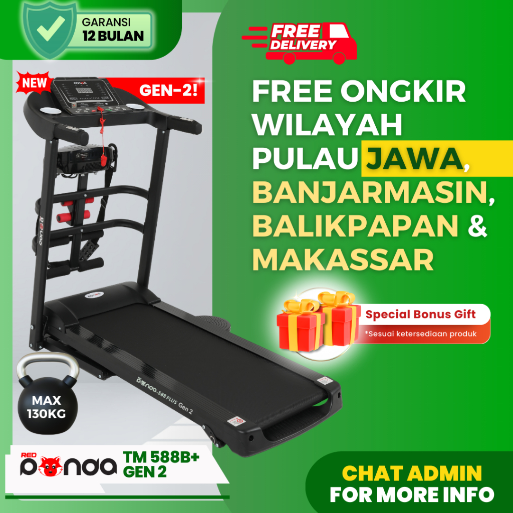FREE ONGKIR RAKIT SURABAYA - FREE ONGKIR PULAU JAWA - Treadmill Elektrik REDPANDA 588 Multifungsi