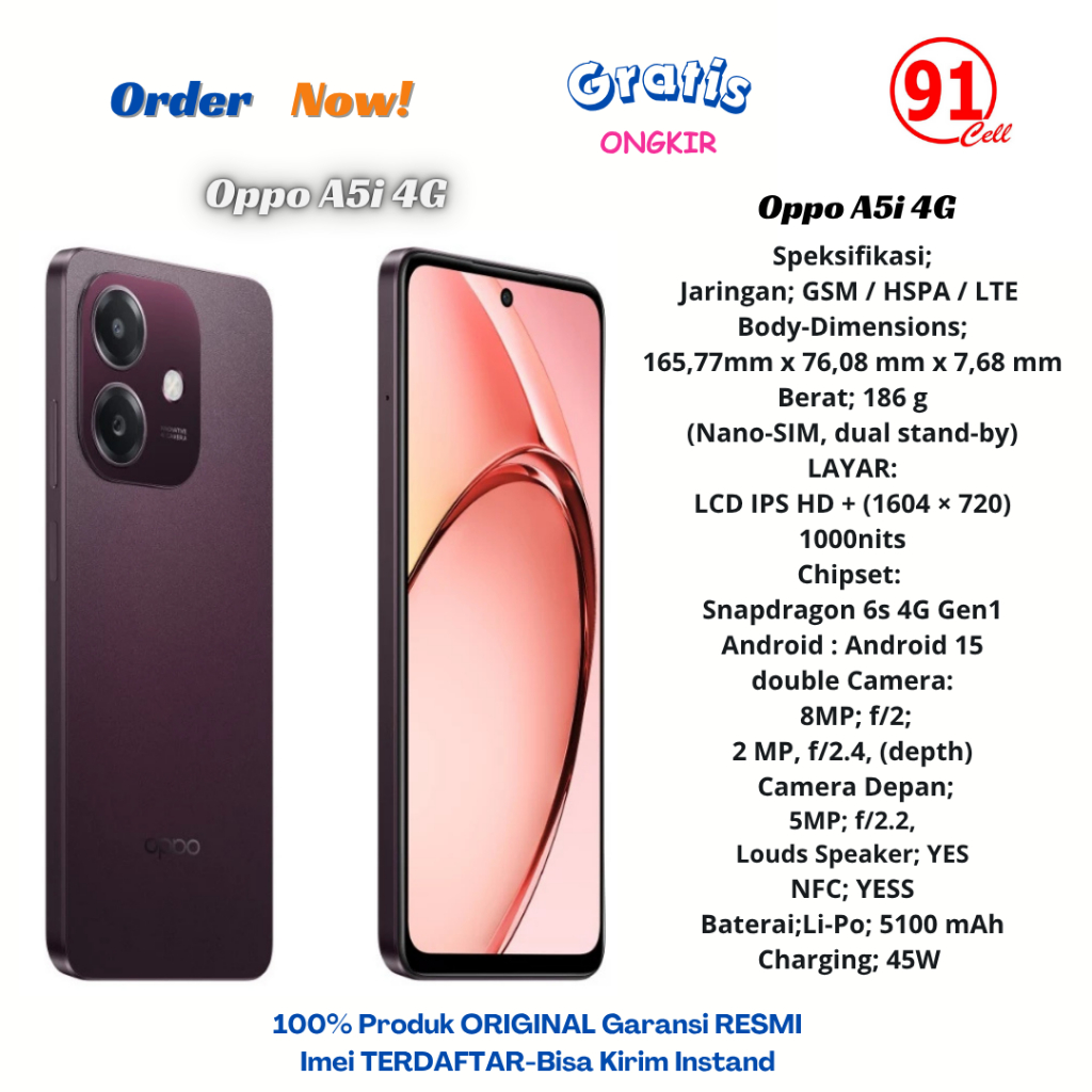 Oppo A5i 4G Ram4/128Gb & Ram4/64Gb Garansi Resmi