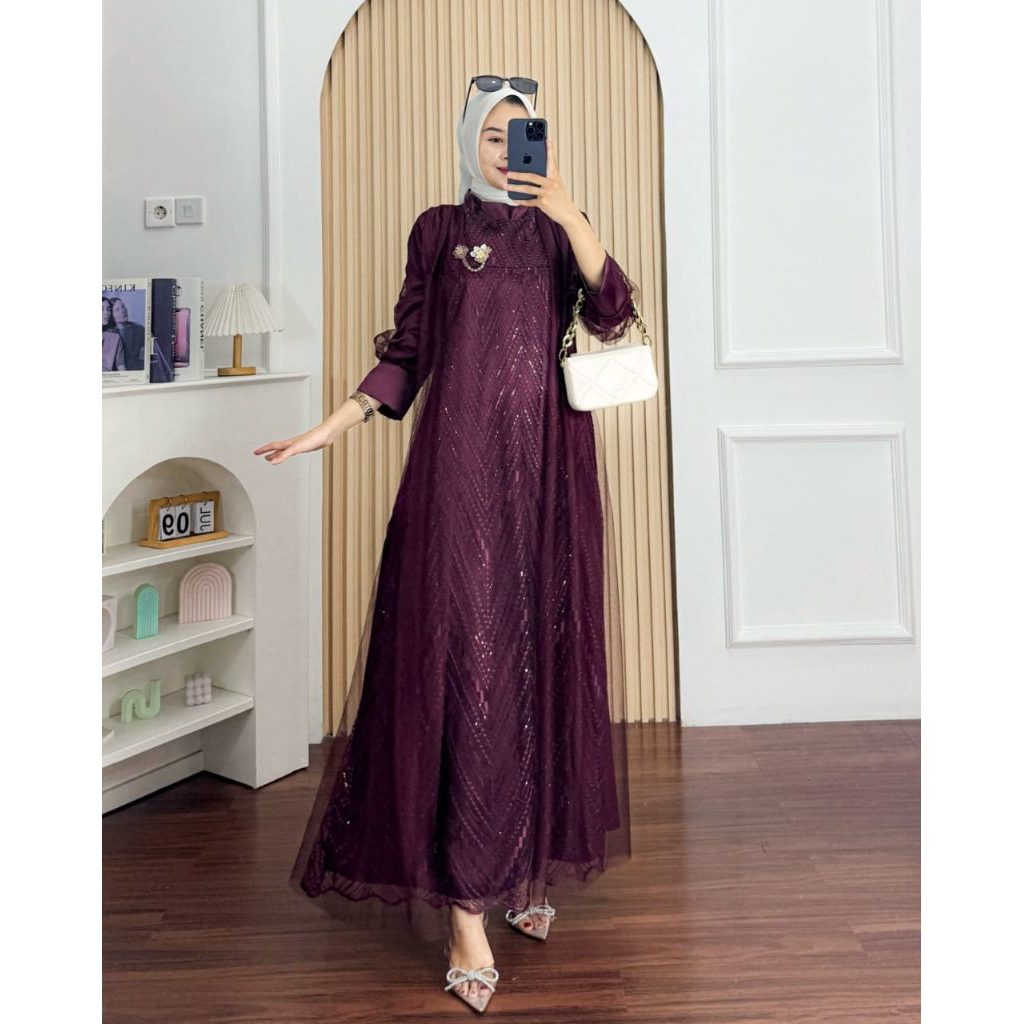 GAMIS BURKAT LAURA DRESS BURGANDI TERBARU 2025  MEWAH ELEGAN GAMIS LEBARAN WANITA ELEGAN SIMPEL