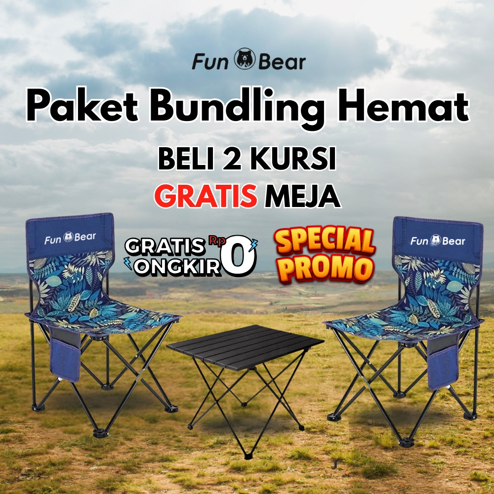 Bundling Paket Hemat Fun Bear: 2 Kursi Lipat Jumbo 2XL + 1 Meja Lipat Portable Kecil - Set Meja Kurs
