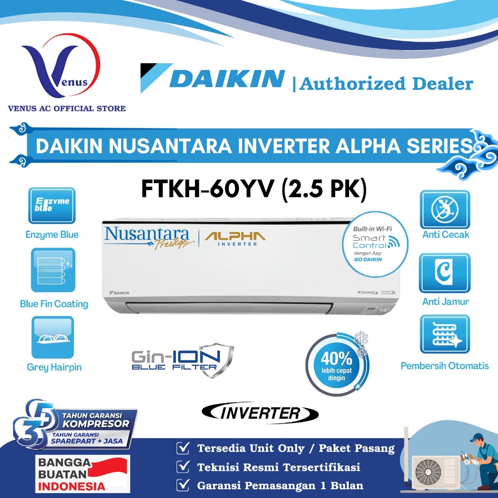 AC DAIKIN 2.5 PK  INVERTER ALPHA FTKH-60YV NUSANTARA SERIES TIPE TERBARU