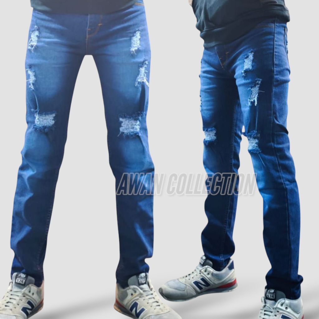 Jeans Panjang Sobek Riped Premim Denim Pria Bahan Melar