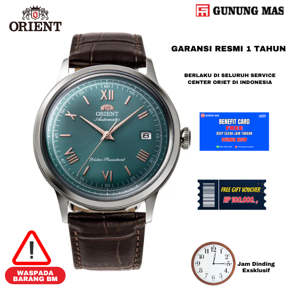 Orient Jam Tangan Pria Classic RA-AC0023E Bambino Automatic Green Dial Brown Leather Strap 100% Orig