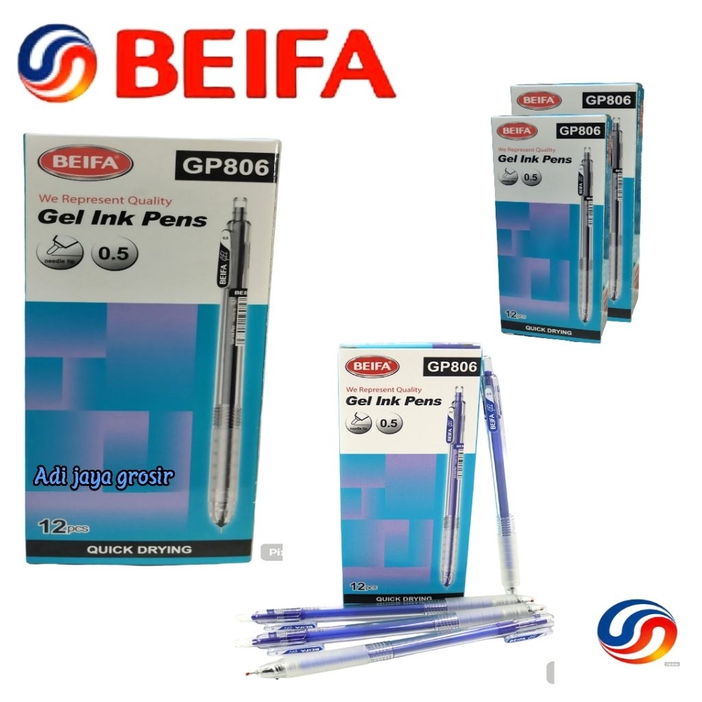 

pulpen gel merek BEIFA GP-806 1 pack isi 12 pcs ketebalan tinta 0,5 mm dengan warna tinta hitam yang tajam
