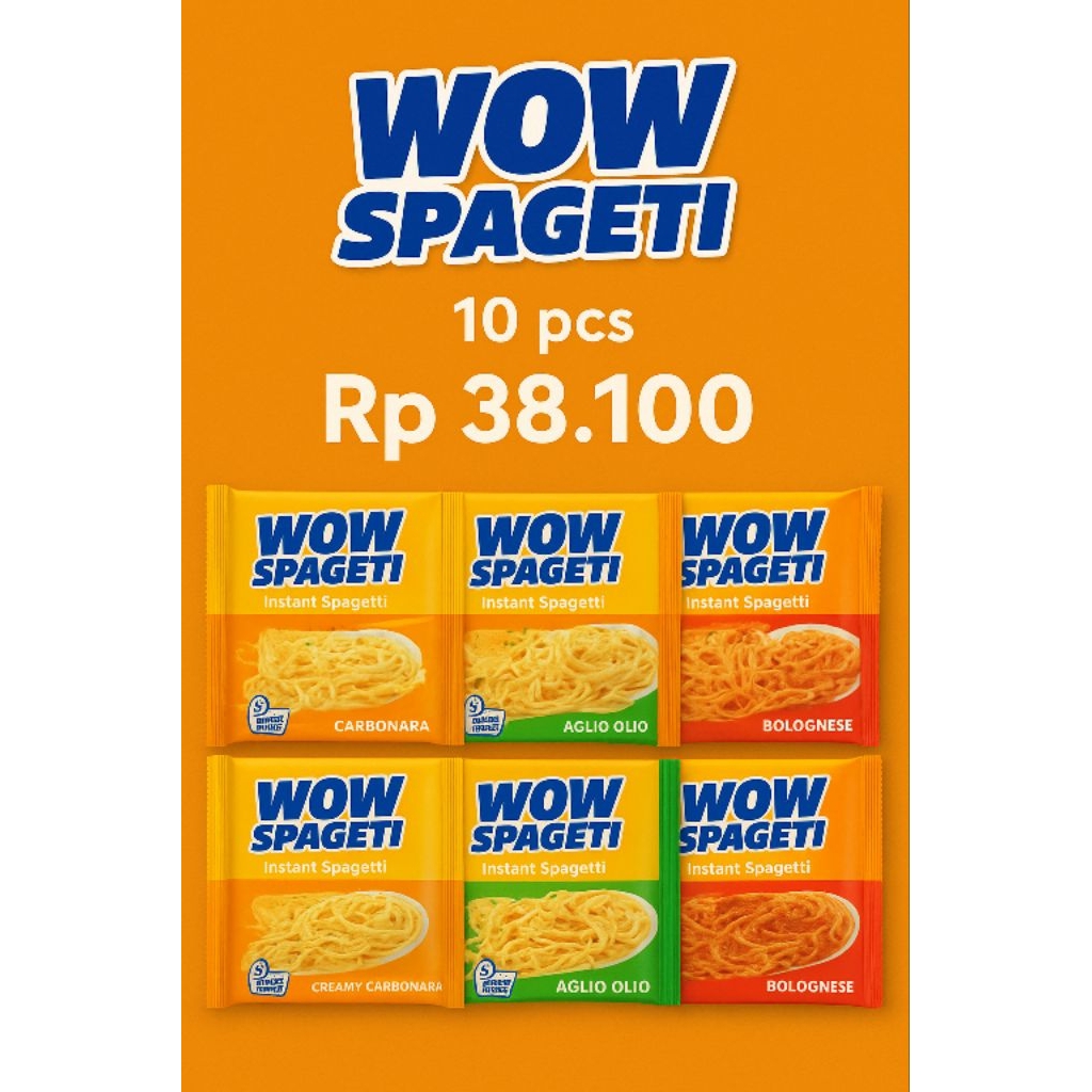 

WOW Spageti Instan 10 pcs – Spaghetti Instan Siap Saji 3 Menit (Carbonara, Aglio Olio, Bolognese)