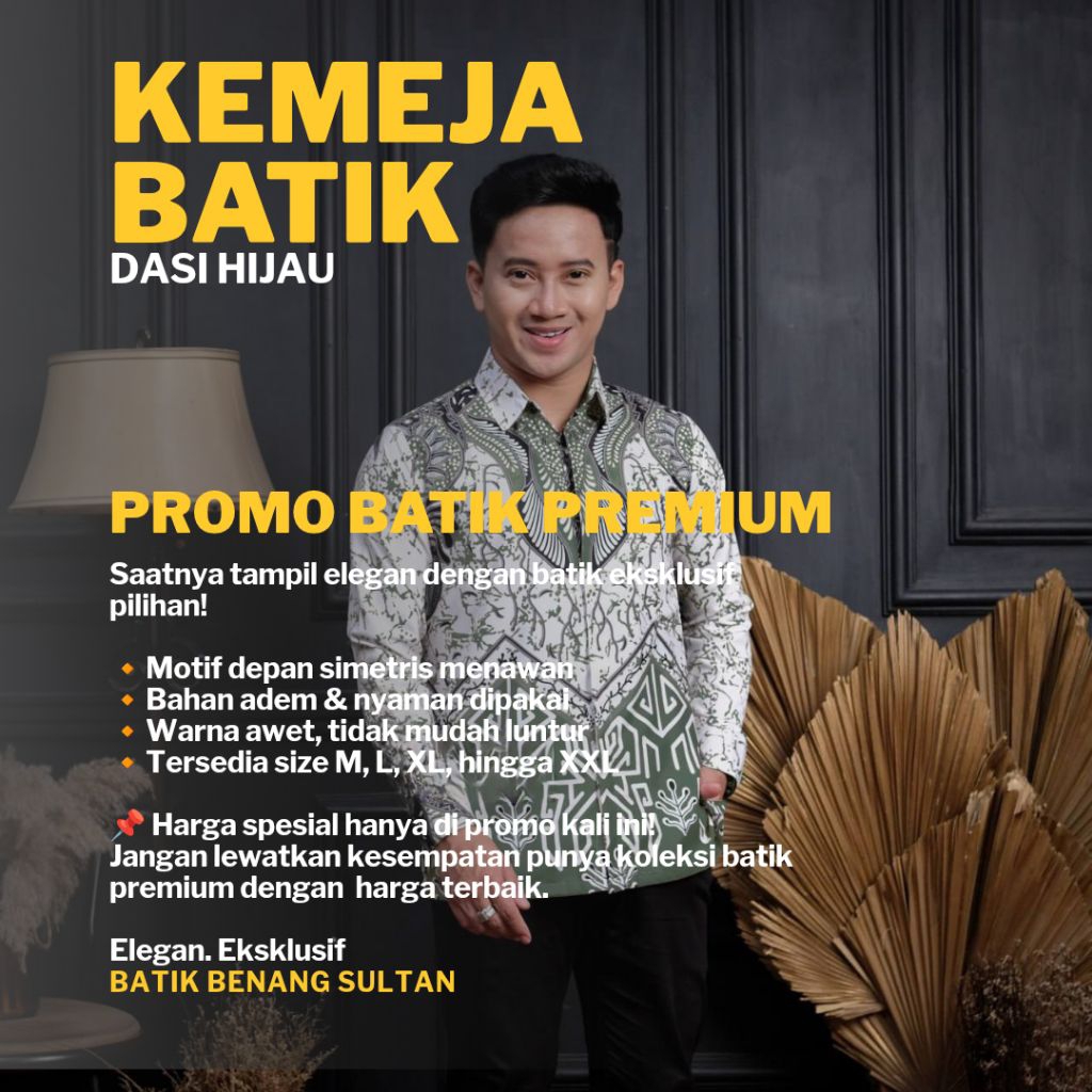 KEMEJA BATIK PRIA LENGAN PANJANG, MOTIF DASI HIJAU, KAIN HALUS, HARGA TERBAIK & TERMURAH.