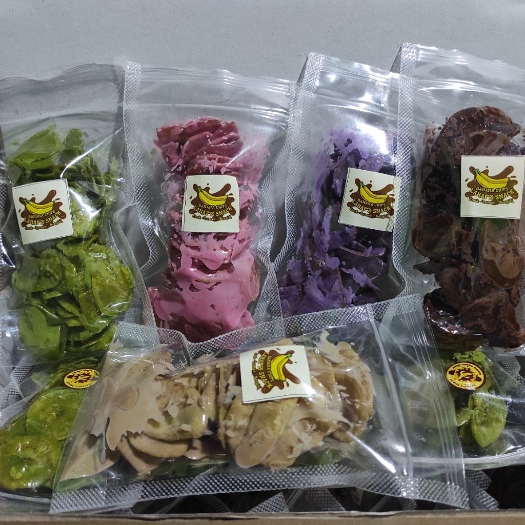 

KRIPIK PISANG LUMER VARIAN RASA 50gr COKLAT MATCHA STRAWBERI TIRAMISU TARO 50GR BANANA CHIPS