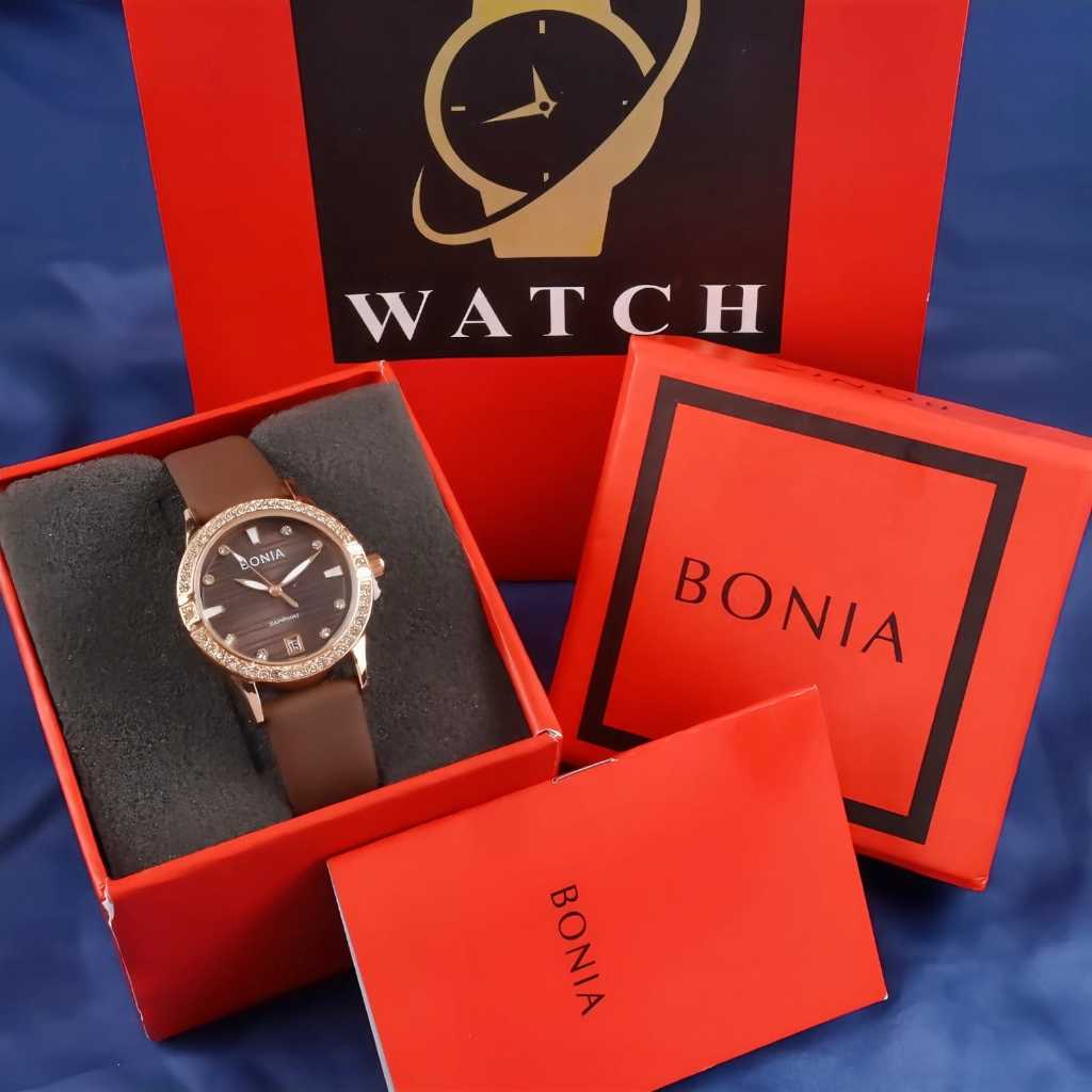 Jam Tangan Wanita Bonia New Tali Kulit Body Permata Tanggal Bawah Aktif Box Exclusive