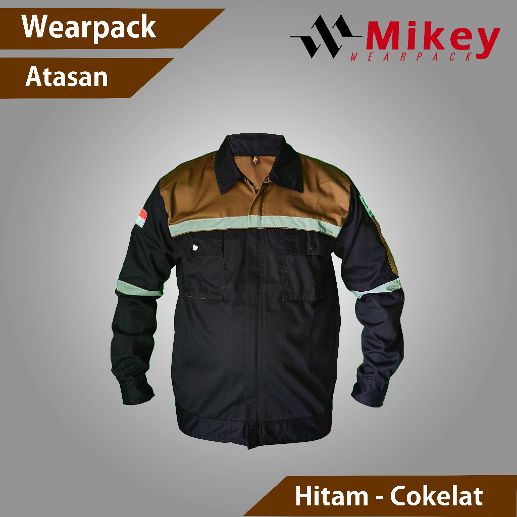 Baju Kerja Wearpack Atasan Resleting Lengan Panjang Bengkel Otomotif Coverall warna Hitam - Cokelat