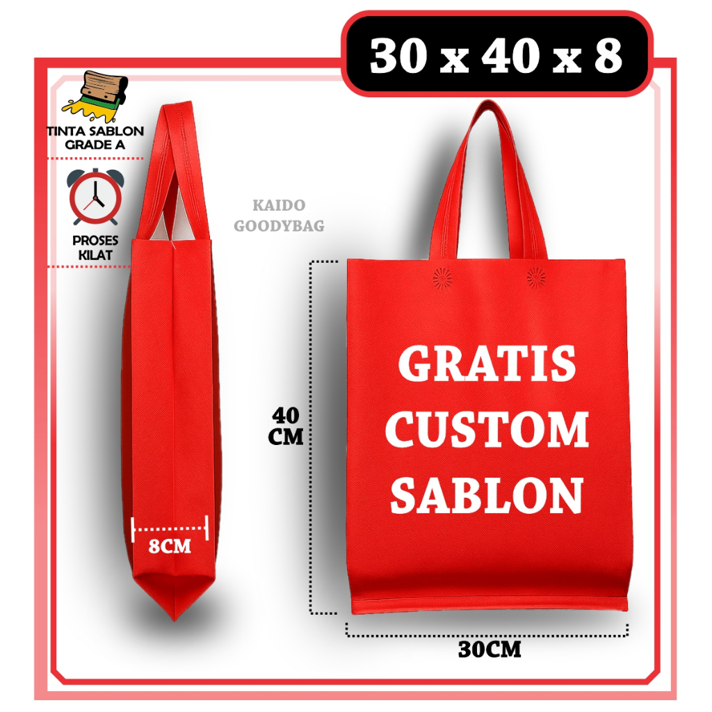 

Tas Spunbond Custom Sablon 30x40X8 Tas Sablon Custom / tas souvenir Goody Bag suvenir Wedding Tas Syukuran hajatan kado sembako khitanan nikahan aqiqah dll
