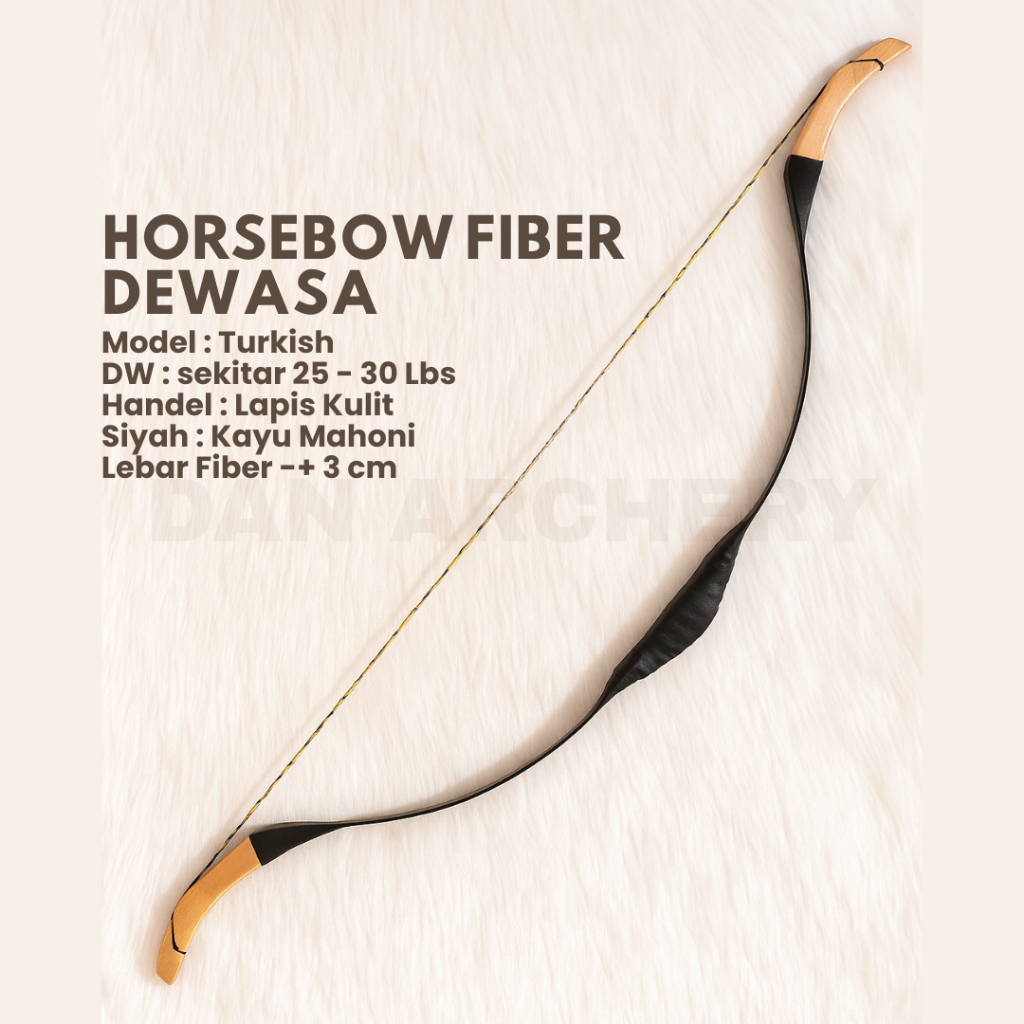 Busur Panahan Horsebow Fiber Turkish Dewasa 25–30 Lbs – Siyah Mahoni & Handle Kulit