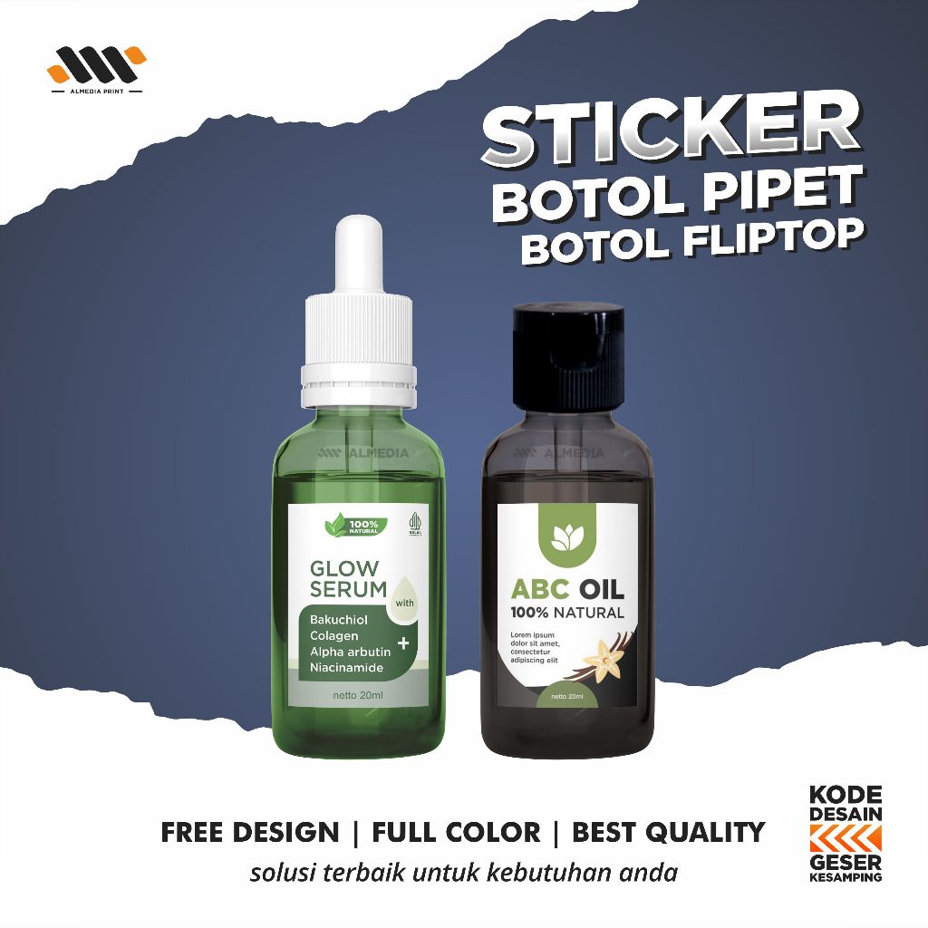 

Stiker Kemasan Botol Pipet Full Print / Botol Drop / Stiker Custom (GRATIS DESAIN)