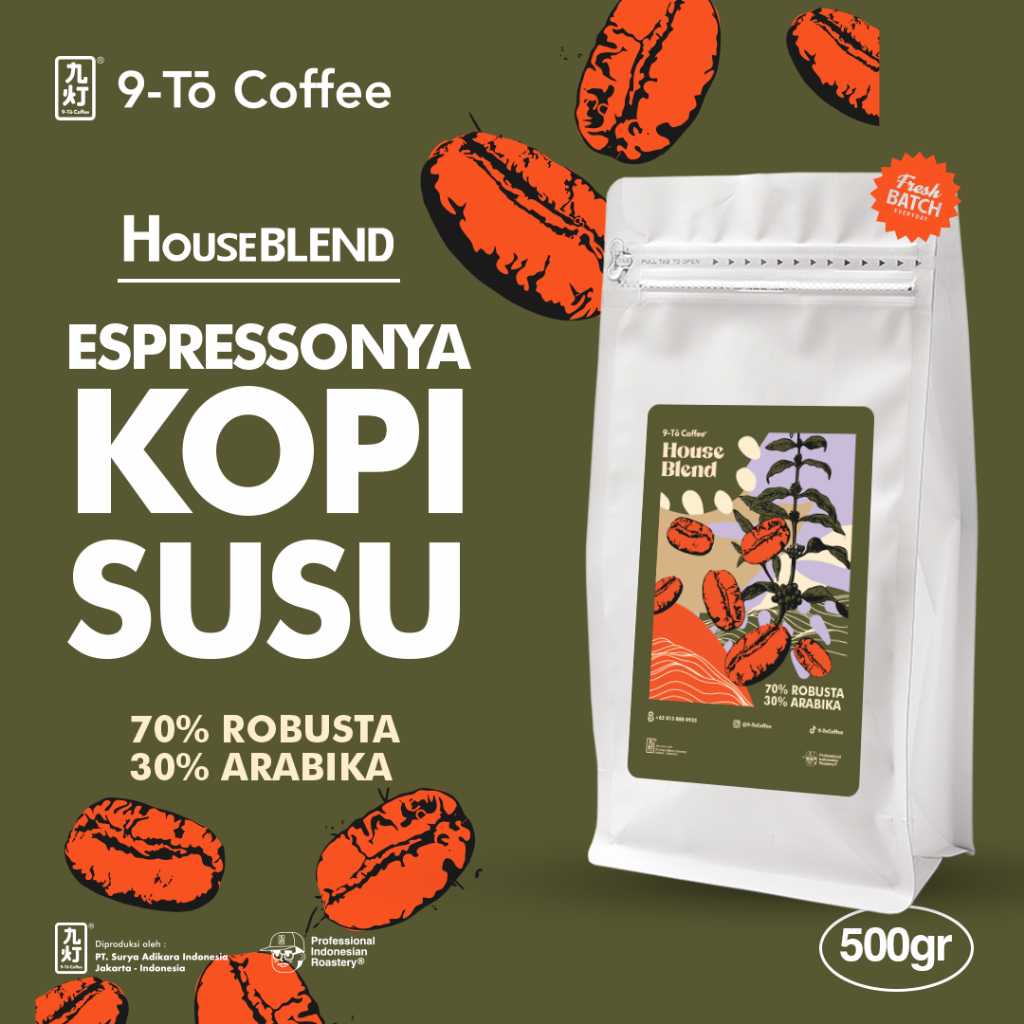 

9-To Coffee Kopi Susu Blend 30% Arabika 70% Robusta 500gr 200gr Biji Kopi Indonesia