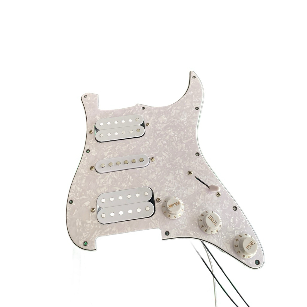 Fender Pickguard Fender Stratocaster Full Set HSH Putih Perloid dengan 3 Knop Pickup & Switch 5 Way 