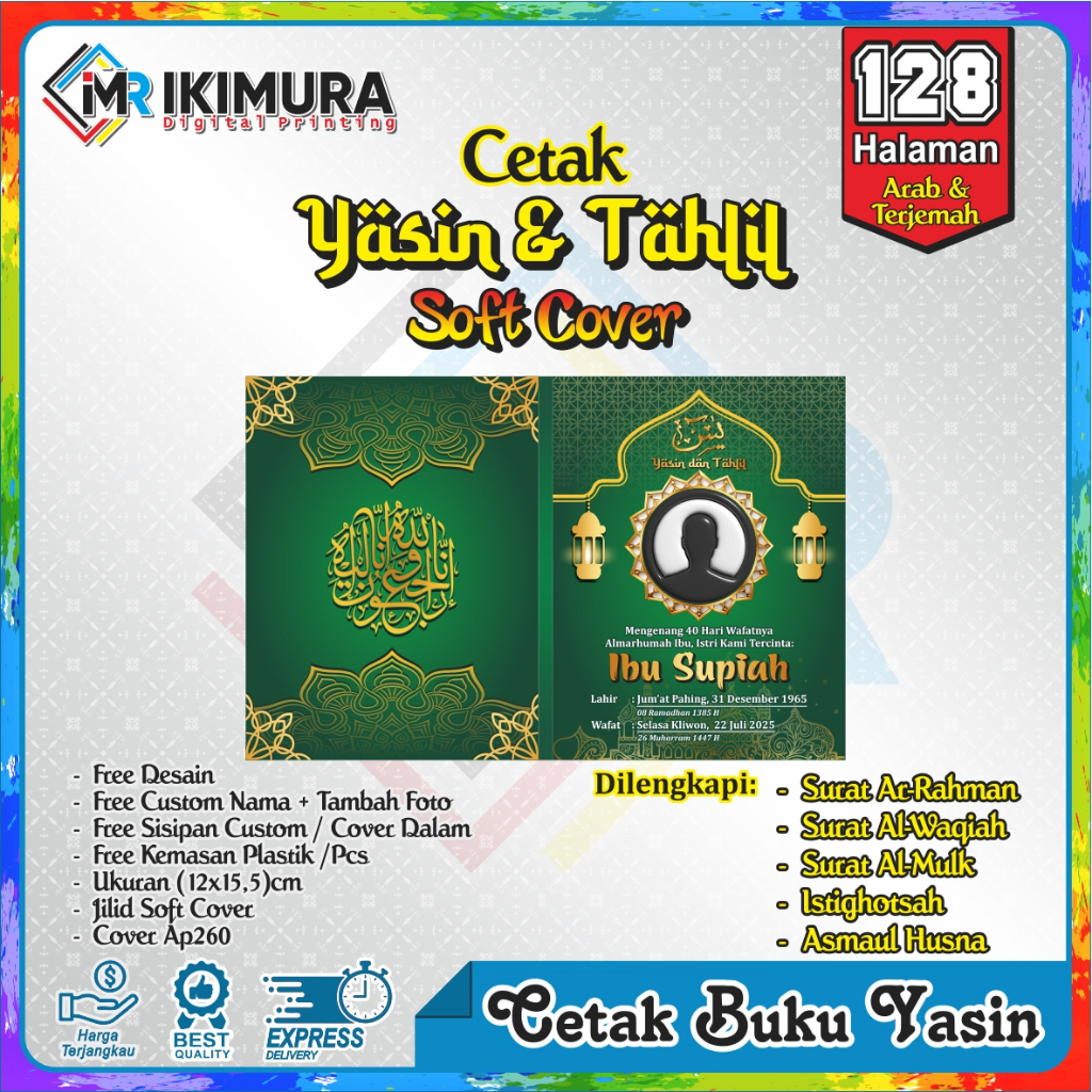 Buku Yasin dan Tahlil Custom Nama Ucapan Foto / Surat Yasin & Tahlil Soft Cover Murah 128 Halaman / 