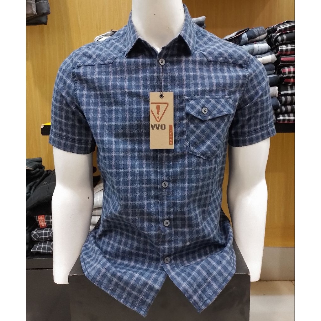 KEMEJA PRIA WATCHOUT JEANS ORIGINAL SLIM FIT WARNA NAVY KOTAK-KOTAK LENGAN PENDEK KUALITAS PREMIUM